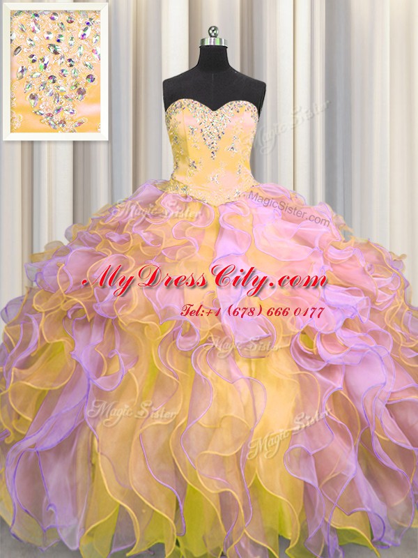 Custom Made Multi-color Sweetheart Lace Up Beading and Appliques and Ruffles Quince Ball Gowns Sleeveless