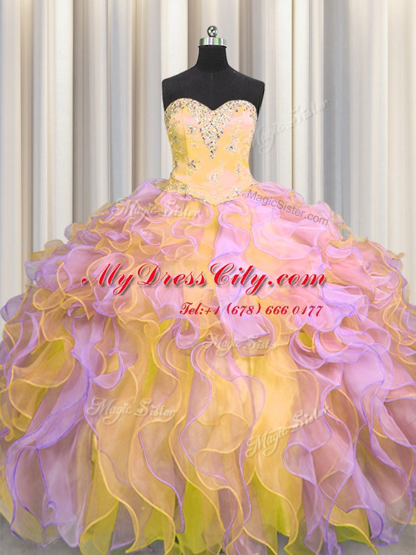 Custom Made Multi-color Sweetheart Lace Up Beading and Appliques and Ruffles Quince Ball Gowns Sleeveless