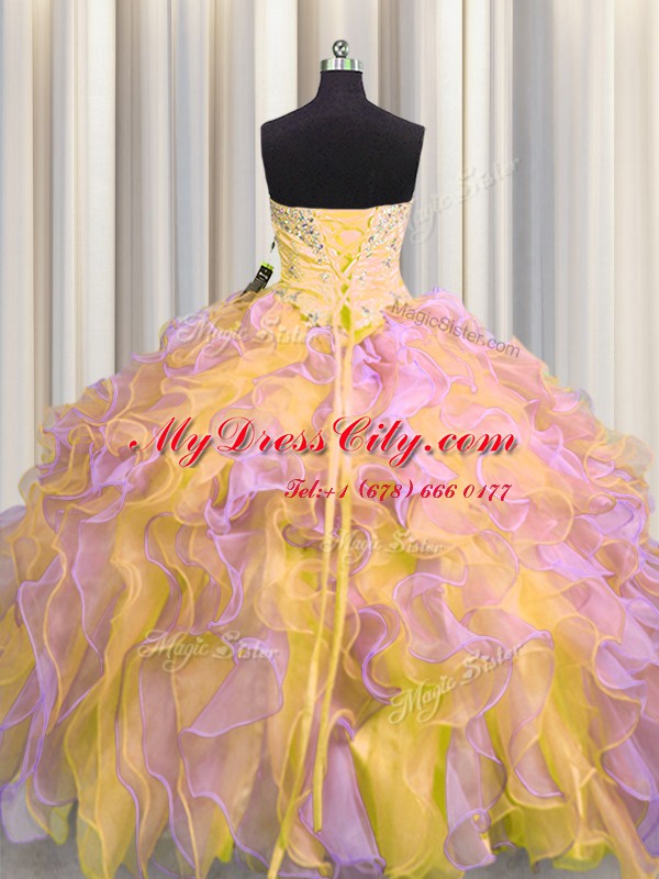 Custom Made Multi-color Sweetheart Lace Up Beading and Appliques and Ruffles Quince Ball Gowns Sleeveless