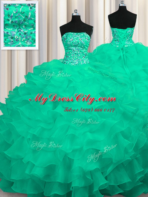 Sleeveless Sweep Train Beading and Ruffles Lace Up Ball Gown Prom Dress