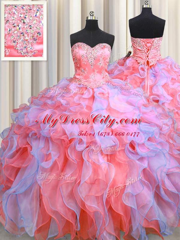 Beautiful Multi-color Sleeveless Floor Length Beading and Appliques and Ruffles Lace Up Ball Gown Prom Dress