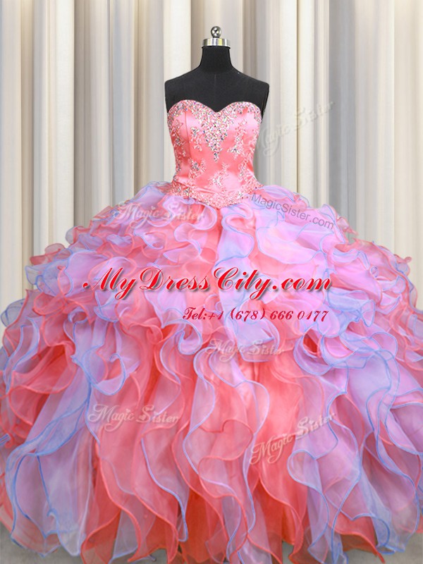 Beautiful Multi-color Sleeveless Floor Length Beading and Appliques and Ruffles Lace Up Ball Gown Prom Dress