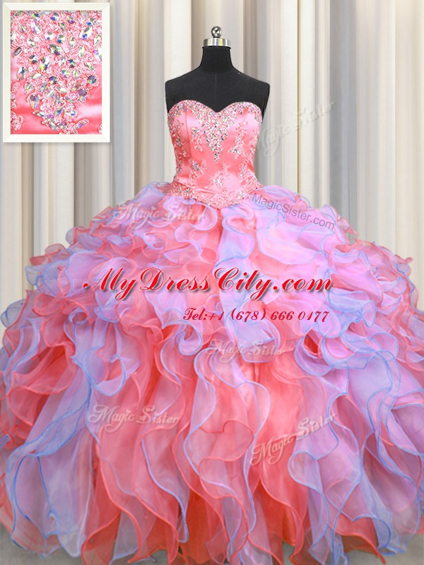 Beautiful Multi-color Sleeveless Floor Length Beading and Appliques and Ruffles Lace Up Ball Gown Prom Dress