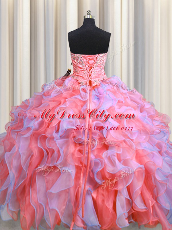 Beautiful Multi-color Sleeveless Floor Length Beading and Appliques and Ruffles Lace Up Ball Gown Prom Dress