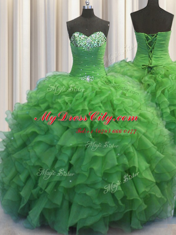 Charming Beaded Bust Sleeveless Organza Floor Length Lace Up Sweet 16 Dress in Green with Beading and Ruffles