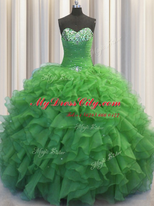 Charming Beaded Bust Sleeveless Organza Floor Length Lace Up Sweet 16 Dress in Green with Beading and Ruffles