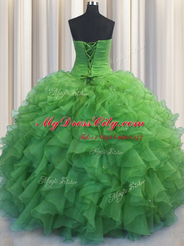 Charming Beaded Bust Sleeveless Organza Floor Length Lace Up Sweet 16 Dress in Green with Beading and Ruffles