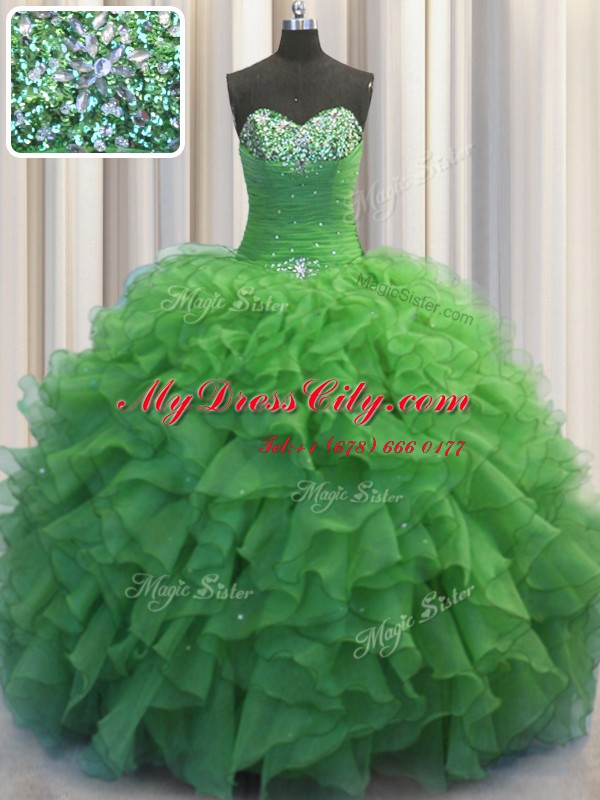 Charming Beaded Bust Sleeveless Organza Floor Length Lace Up Sweet 16 Dress in Green with Beading and Ruffles