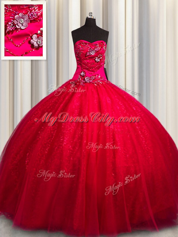 Hot Sale Sweetheart Sleeveless Lace Up Quinceanera Gowns Red Tulle and Sequined