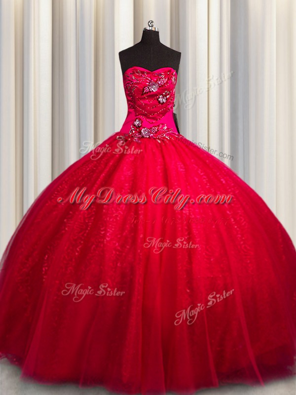 Hot Sale Sweetheart Sleeveless Lace Up Quinceanera Gowns Red Tulle and Sequined