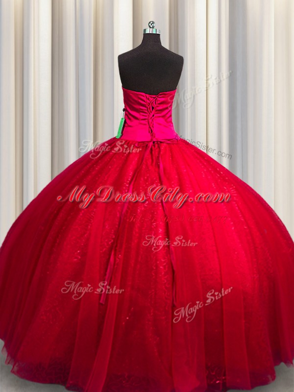 Hot Sale Sweetheart Sleeveless Lace Up Quinceanera Gowns Red Tulle and Sequined