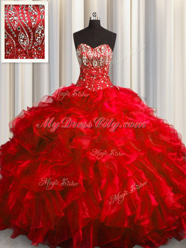 Exquisite Red Organza Lace Up Sweet 16 Dresses Sleeveless With Brush Train Beading and Ruffles