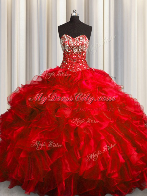 Exquisite Red Organza Lace Up Sweet 16 Dresses Sleeveless With Brush Train Beading and Ruffles