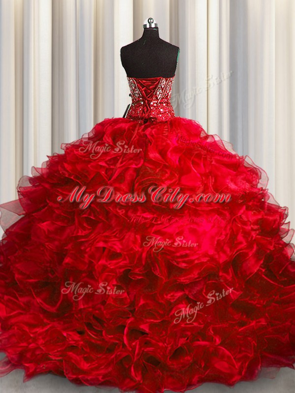 Exquisite Red Organza Lace Up Sweet 16 Dresses Sleeveless With Brush Train Beading and Ruffles