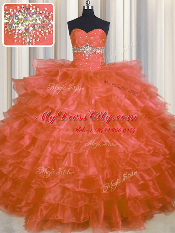 Extravagant Orange Red Lace Up Sweetheart Beading and Ruffled Layers Sweet 16 Dress Organza Sleeveless