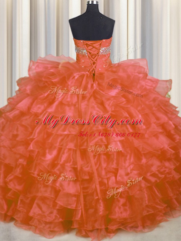 Extravagant Orange Red Lace Up Sweetheart Beading and Ruffled Layers Sweet 16 Dress Organza Sleeveless