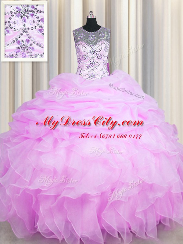 Enchanting See Through Pick Ups Ball Gowns 15th Birthday Dress Lilac Scoop Organza Sleeveless Floor Length Lace Up