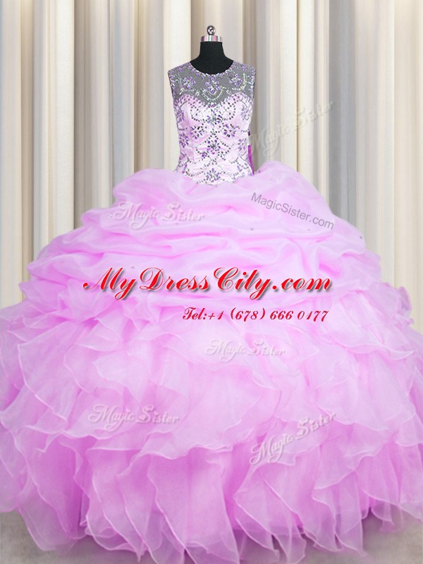 Enchanting See Through Pick Ups Ball Gowns 15th Birthday Dress Lilac Scoop Organza Sleeveless Floor Length Lace Up