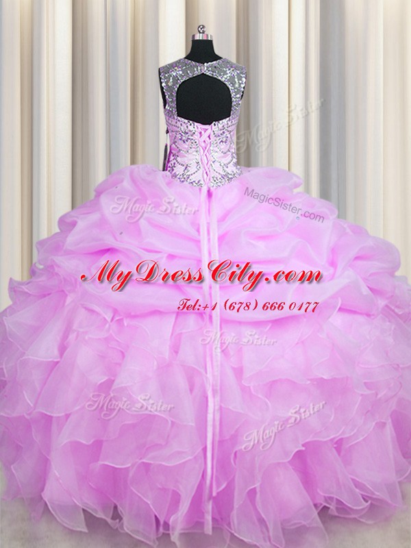 Enchanting See Through Pick Ups Ball Gowns 15th Birthday Dress Lilac Scoop Organza Sleeveless Floor Length Lace Up