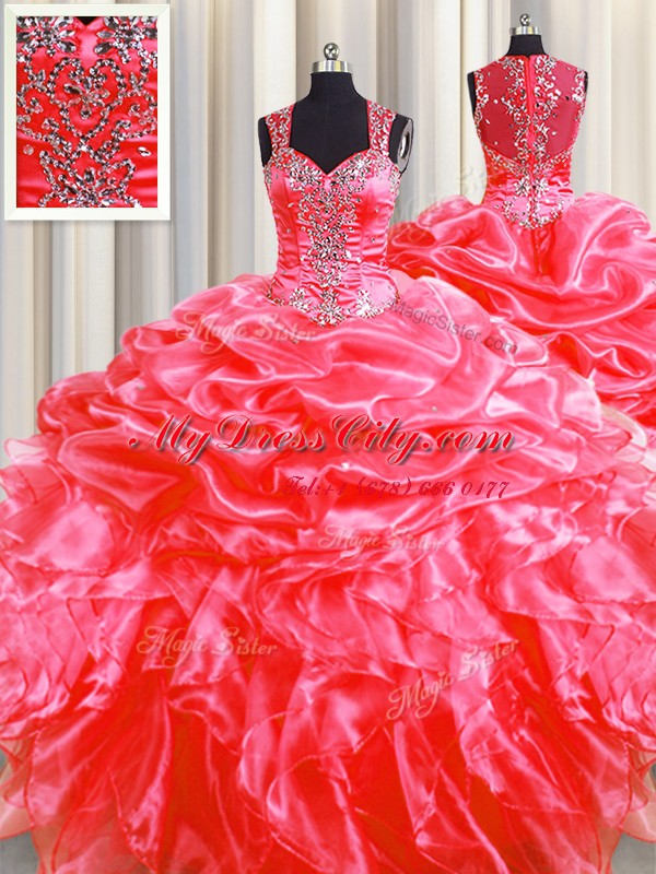 Custom Design Pick Ups Zipper Up See Through Back Floor Length Zipper Quince Ball Gowns Coral Red for Military Ball and Sweet 16 and Quinceanera with Beading and Ruffles Sweep Train