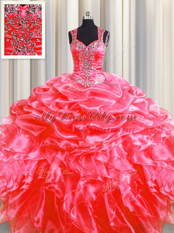 Custom Design Pick Ups Zipper Up See Through Back Floor Length Zipper Quince Ball Gowns Coral Red for Military Ball and Sweet 16 and Quinceanera with Beading and Ruffles Sweep Train