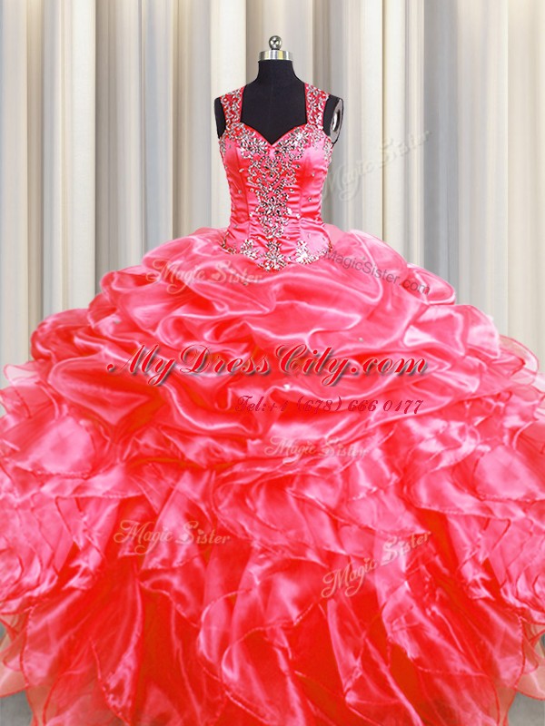 Custom Design Pick Ups Zipper Up See Through Back Floor Length Zipper Quince Ball Gowns Coral Red for Military Ball and Sweet 16 and Quinceanera with Beading and Ruffles Sweep Train