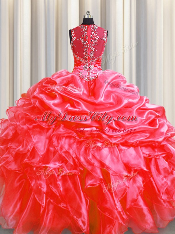 Custom Design Pick Ups Zipper Up See Through Back Floor Length Zipper Quince Ball Gowns Coral Red for Military Ball and Sweet 16 and Quinceanera with Beading and Ruffles Sweep Train