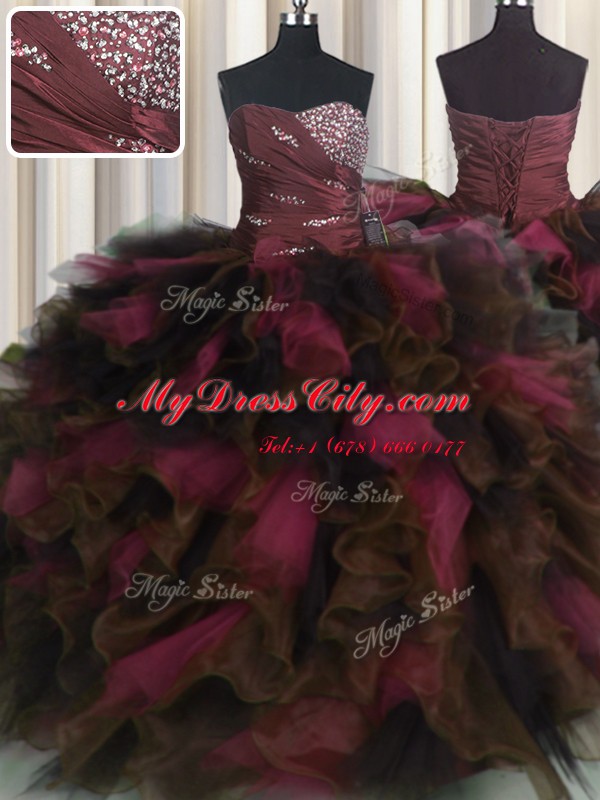 Vintage Wine Red Lace Up Sweet 16 Dress Beading and Ruffles and Ruffled Layers Sleeveless Floor Length