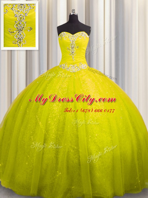 Fashionable Sweetheart Sleeveless 15th Birthday Dress Court Train Beading and Appliques Yellow Tulle and Sequined