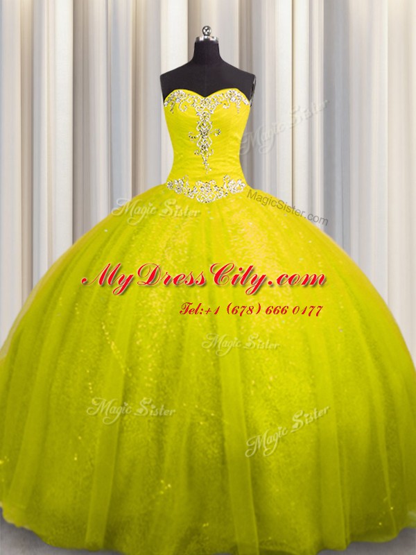 Fashionable Sweetheart Sleeveless 15th Birthday Dress Court Train Beading and Appliques Yellow Tulle and Sequined