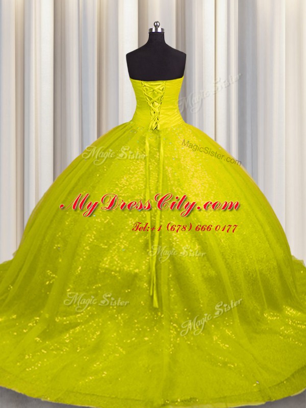 Fashionable Sweetheart Sleeveless 15th Birthday Dress Court Train Beading and Appliques Yellow Tulle and Sequined