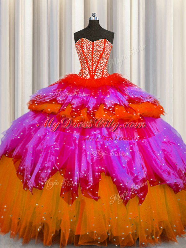 Flare Bling-bling Visible Boning Floor Length Multi-color Quinceanera Dress Tulle Sleeveless Beading and Ruffles and Ruffled Layers and Sequins