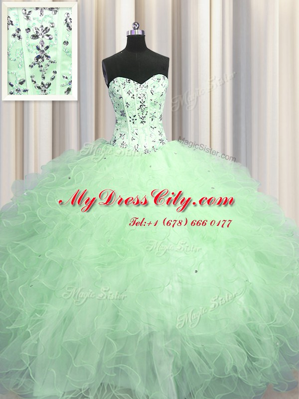 Visible Boning Apple Green Sweetheart Neckline Beading and Appliques and Ruffles Quinceanera Dress Sleeveless Lace Up