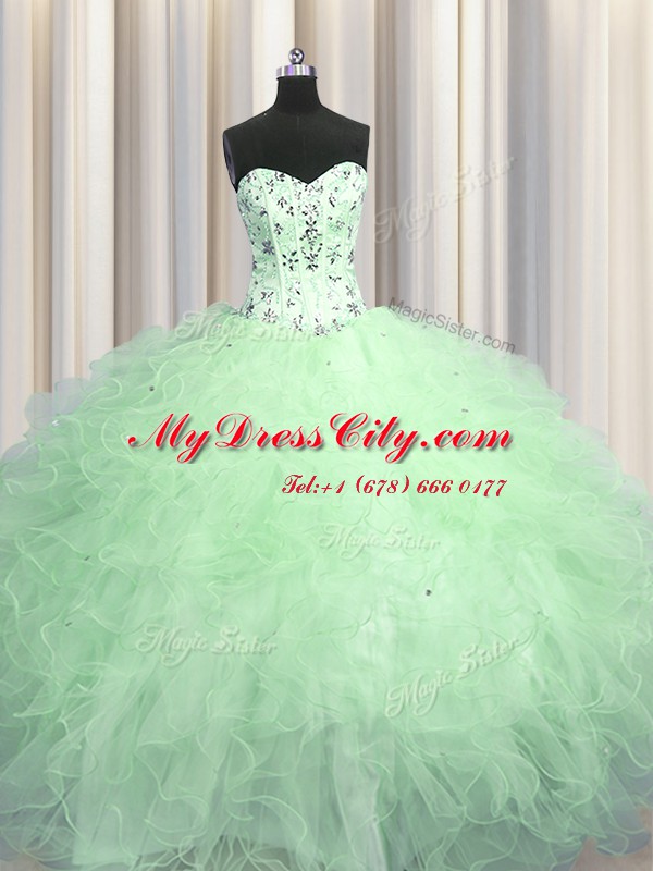 Visible Boning Apple Green Sweetheart Neckline Beading and Appliques and Ruffles Quinceanera Dress Sleeveless Lace Up