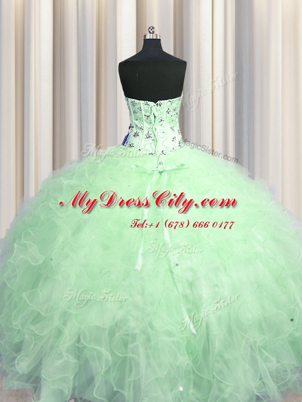 Visible Boning Apple Green Sweetheart Neckline Beading and Appliques and Ruffles Quinceanera Dress Sleeveless Lace Up