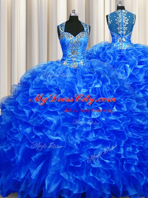 Classical Zipper Up See Through Back Organza Straps Sleeveless Sweep Train Zipper Beading and Ruffles Quinceanera Gowns in Royal Blue