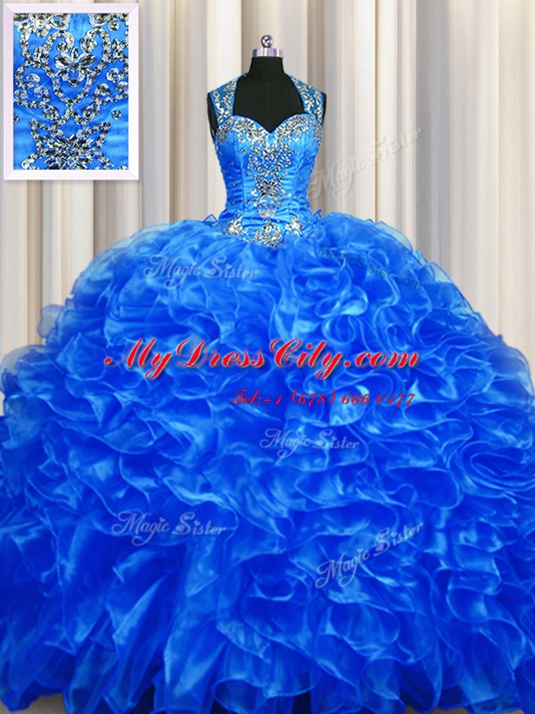 Classical Zipper Up See Through Back Organza Straps Sleeveless Sweep Train Zipper Beading and Ruffles Quinceanera Gowns in Royal Blue