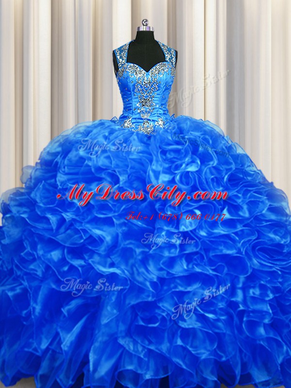 Classical Zipper Up See Through Back Organza Straps Sleeveless Sweep Train Zipper Beading and Ruffles Quinceanera Gowns in Royal Blue