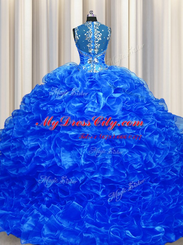 Classical Zipper Up See Through Back Organza Straps Sleeveless Sweep Train Zipper Beading and Ruffles Quinceanera Gowns in Royal Blue