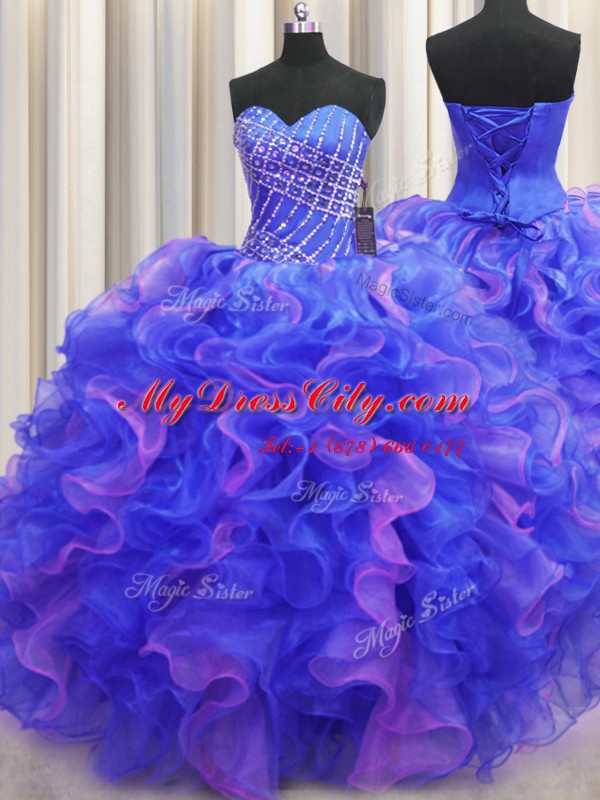 Captivating Floor Length Multi-color Ball Gown Prom Dress Organza Sleeveless Beading and Ruffles