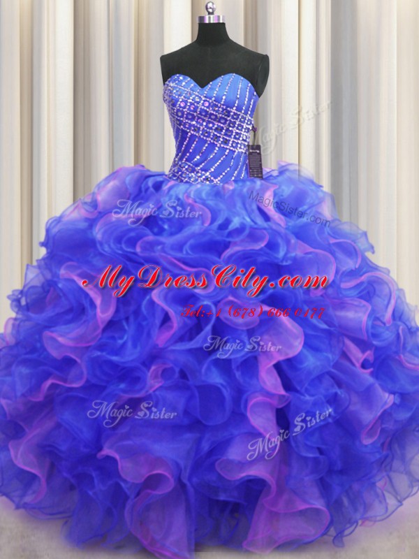 Captivating Floor Length Multi-color Ball Gown Prom Dress Organza Sleeveless Beading and Ruffles