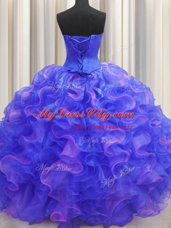 Captivating Floor Length Multi-color Ball Gown Prom Dress Organza Sleeveless Beading and Ruffles