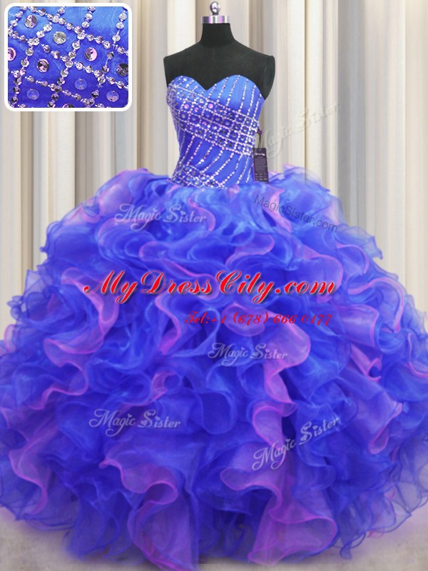 Captivating Floor Length Multi-color Ball Gown Prom Dress Organza Sleeveless Beading and Ruffles