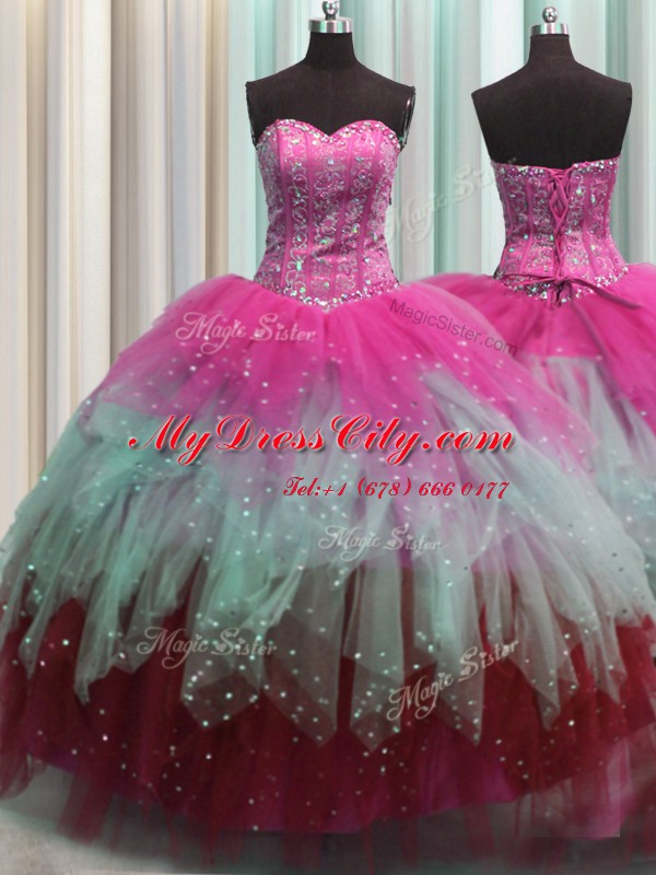 Romantic Visible Boning Sleeveless Beading and Ruffles and Sequins Lace Up Sweet 16 Dress