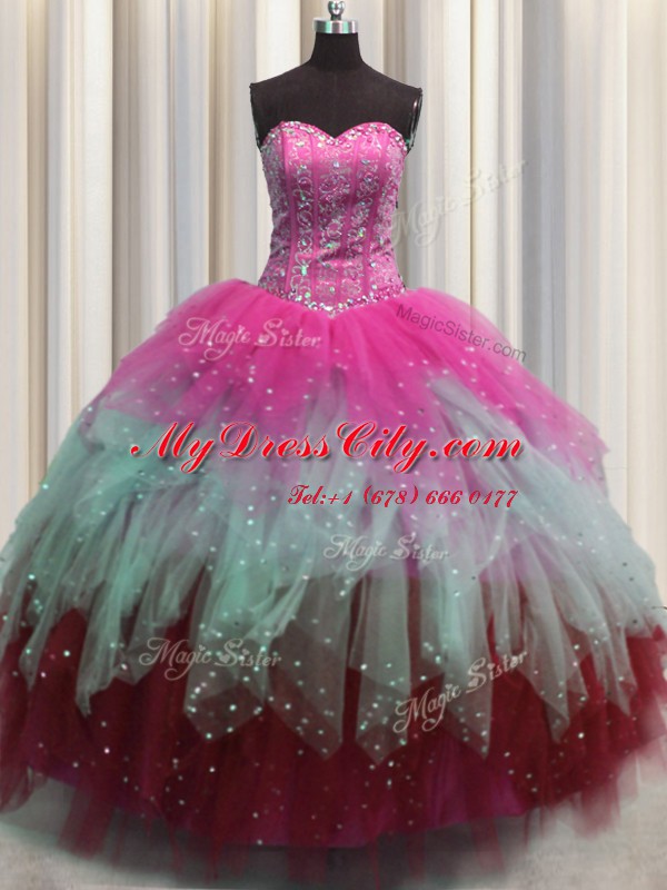 Romantic Visible Boning Sleeveless Beading and Ruffles and Sequins Lace Up Sweet 16 Dress