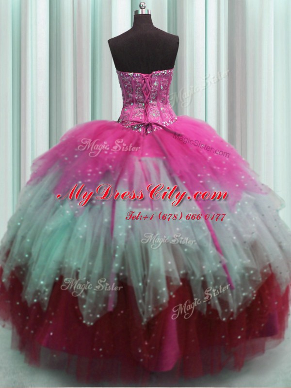 Romantic Visible Boning Sleeveless Beading and Ruffles and Sequins Lace Up Sweet 16 Dress