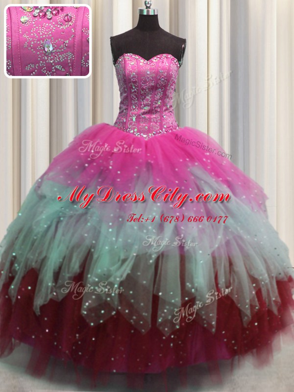 Romantic Visible Boning Sleeveless Beading and Ruffles and Sequins Lace Up Sweet 16 Dress