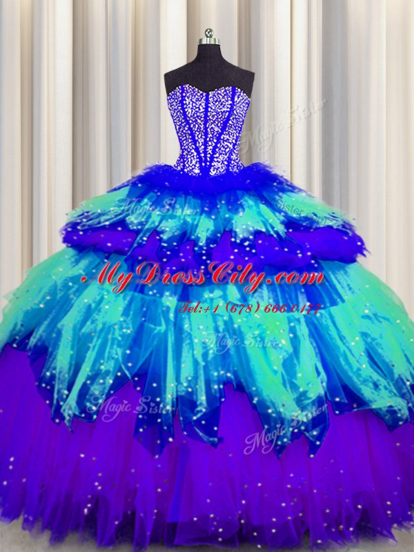 Bling-bling Visible Boning Multi-color Sweetheart Lace Up Beading and Ruffles and Ruffled Layers and Sequins Sweet 16 Dresses Sleeveless