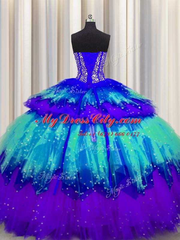 Bling-bling Visible Boning Multi-color Sweetheart Lace Up Beading and Ruffles and Ruffled Layers and Sequins Sweet 16 Dresses Sleeveless