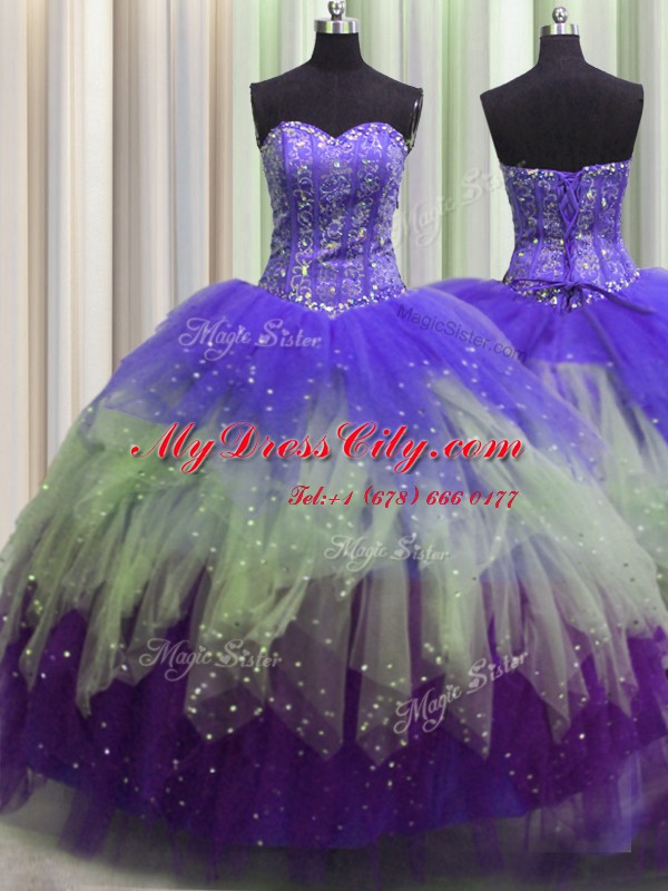 High Quality Visible Boning Multi-color Tulle Lace Up Vestidos de Quinceanera Sleeveless Floor Length Beading and Ruffles and Sequins